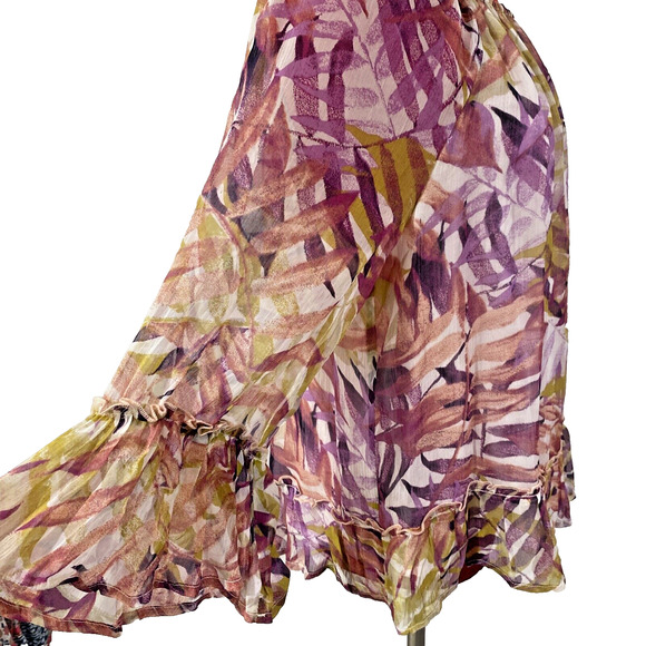 Lucky Brand Top XL Sheer Floral 3/4 Sleeve Peach Purple Peasant Blouse Ruffles - Picture 5 of 10